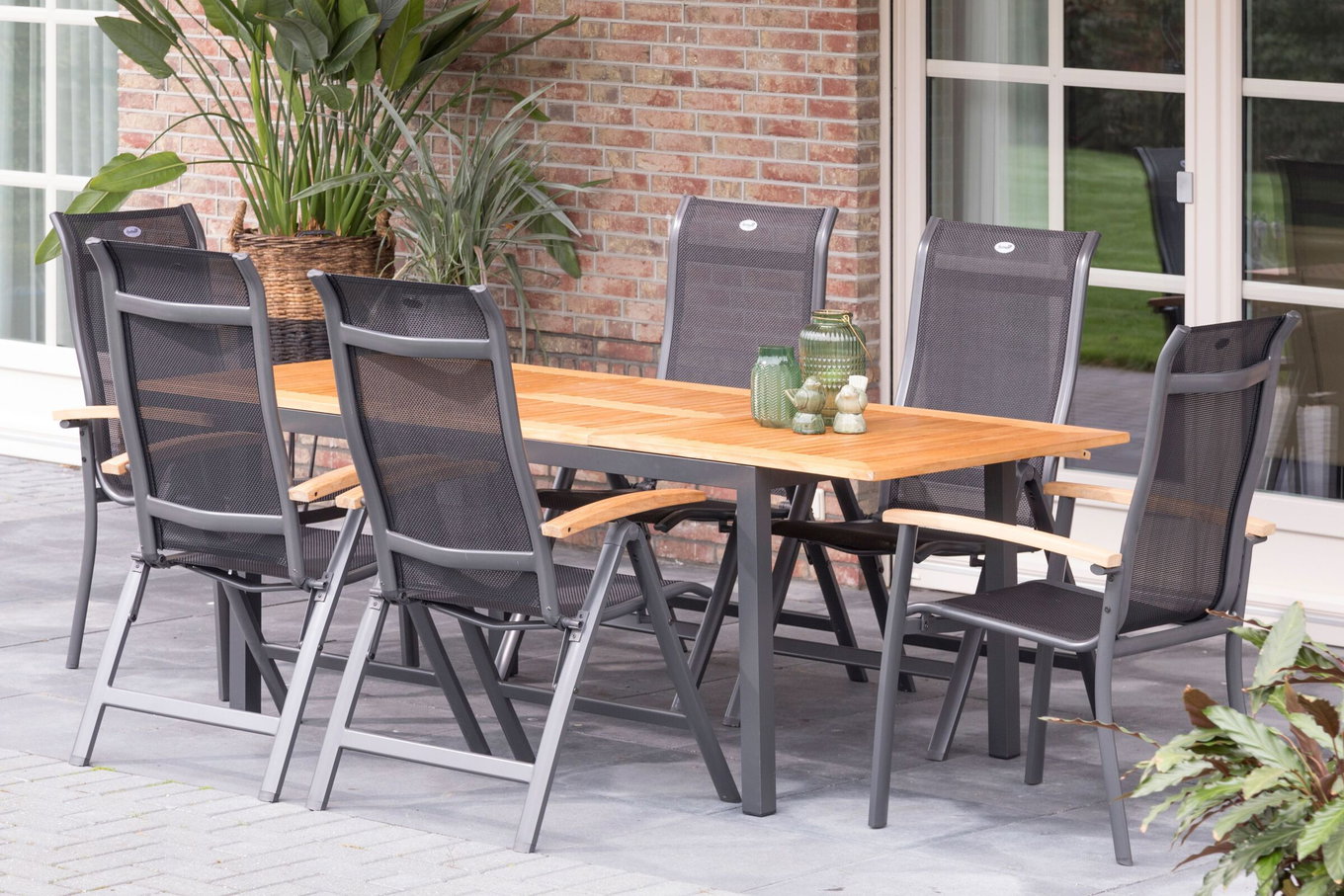 HARTMAN Alice Set tavolo da pranzo da giardino, xerix/naturale, Alluminio/Teak, 4x4 Textilen, 4 sedie pieghevoli, 2 poltroncine impilabili, incl. tavolo allungabile, 150/210x90cm 16892__1