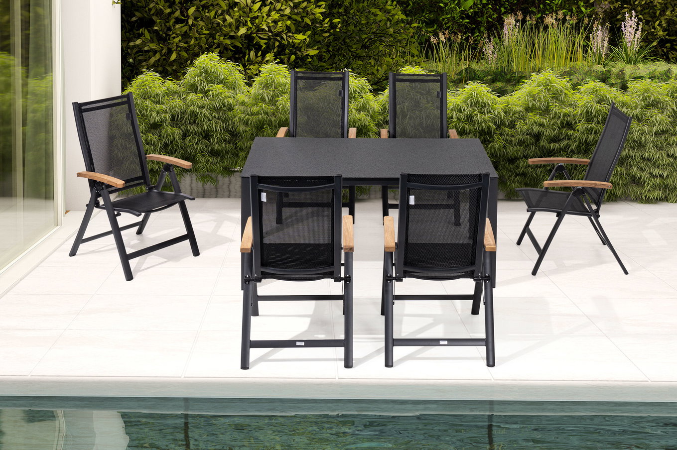 OUTFLEXX Gruppo Pranzo da Giardino, antracite opaco, Alluminio/Spraystone/Textilene, 160x95 cm, 6 Sedie Pieghevoli, Braccioli in Teak 28181__1