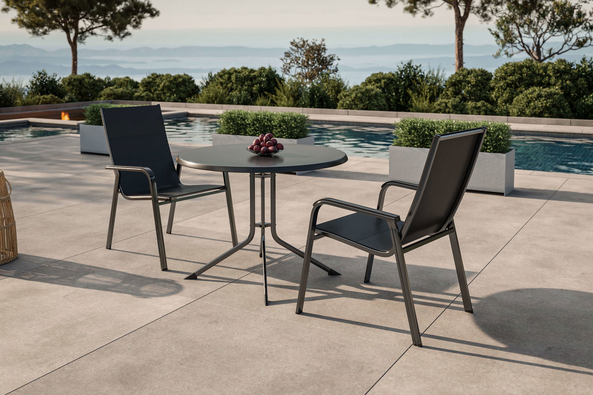 KETTLER BOULEVARD/BASIC PLUS Set da Pranzo da Giardino con 2 Sedie Impilabili, antracite, Alu/Kettalux, Tavolo Pieghevole Ø100 cm