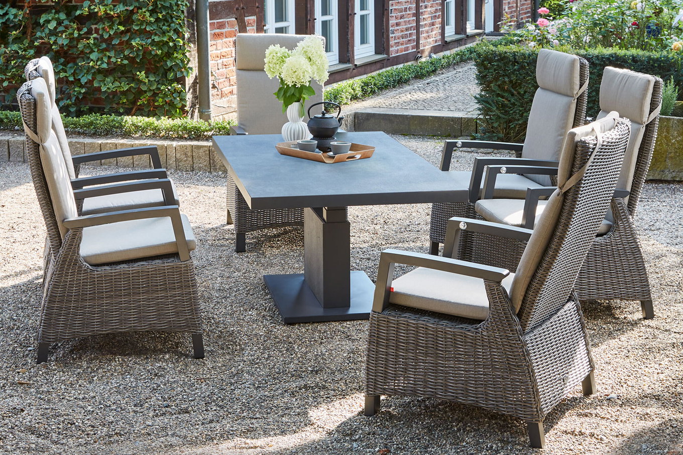 SIENA GARDEN Corido/Bellani Grigio Lounge da Giardino, charcoal/antracite/grigio, Alluminio/Intreccio Gardino®, Tavolo elevabile 160x90 cm, 6 Poltrone Dining Move 22116__1